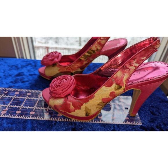 Rampage rosette heels, pink floral platform slingbacks size 6.5 - Picture 6 of 7